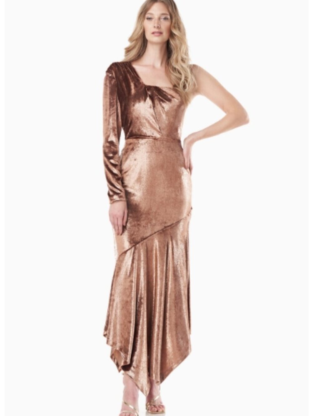 Delphine TeaKay Unger Delphine Velvet Metallic One‑Shoulder Asymmet Length Dress